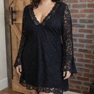 Black Lace Dress 1X Long Bell Sleeve V-Neck Gothic Boho